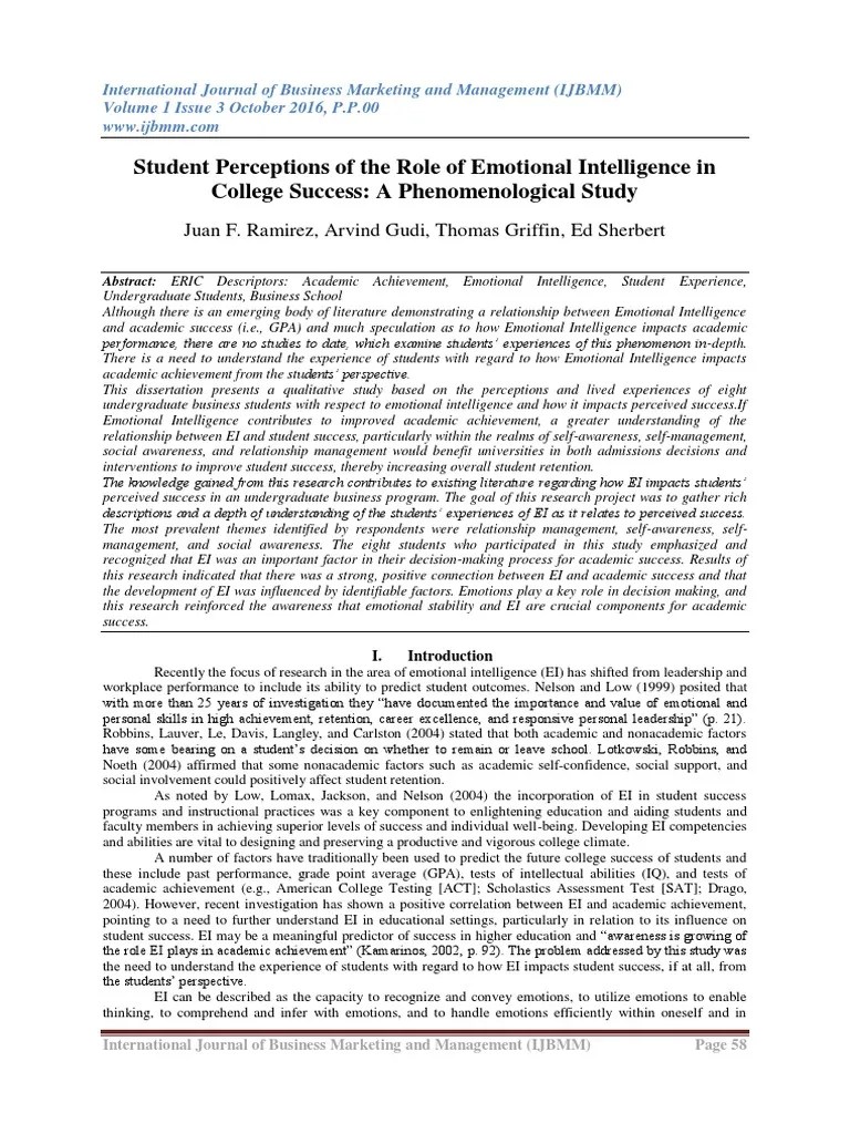 Student Perceptions Of The Role Of Emotional Intelligence In College Success: A Phenomenological ...