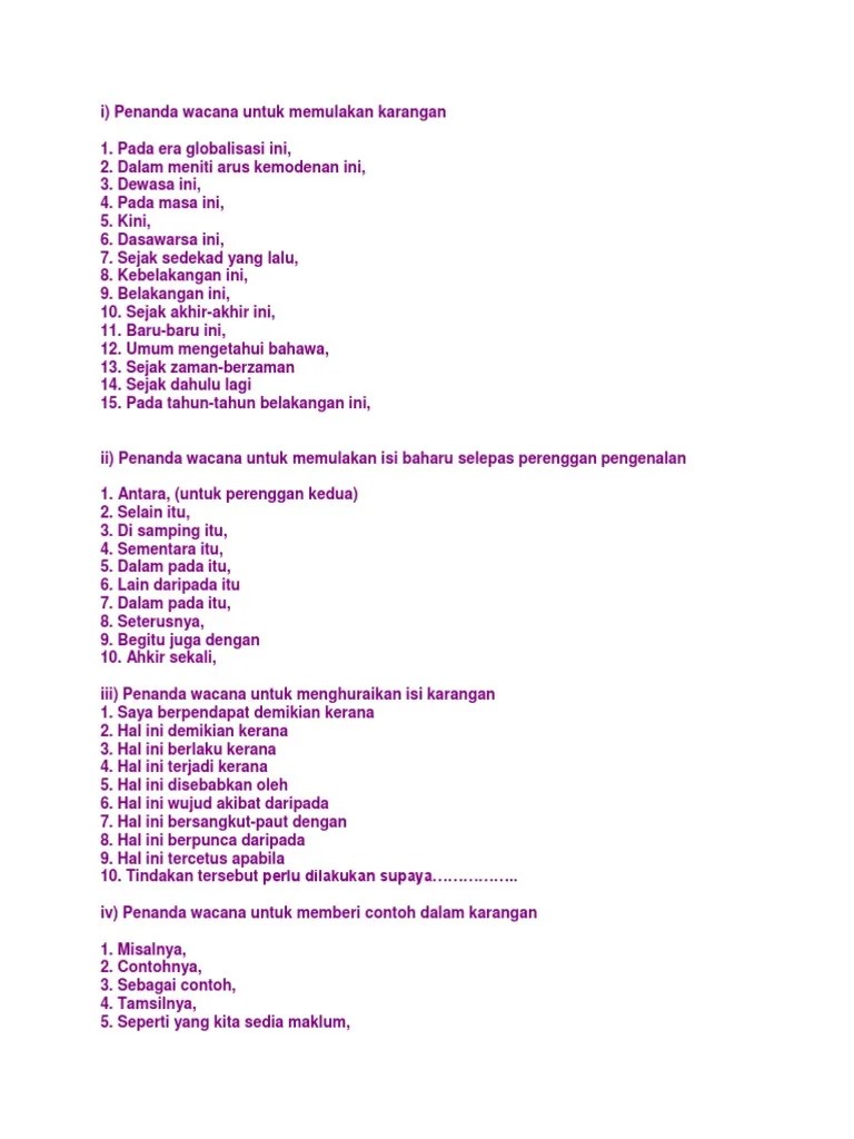 20.04.2011 · penanda wacana i) penanda permulaan karangan a) pada era globalisasi ini, b) pada zaman pascakemerdekaan ini, c) dalam meniti arus kemodenan ini, d) dewasa ini, e) pada masa ini, f) kini, g) dasawarsa ini, h) dalam meniti kehidupan pada marcapada, i) sejak sedekad yang lalu, j) sejak negara menikmati arus kemerdekaan, k) kebelakangan ini, l) belakangan … Penanda Wacana Pdf