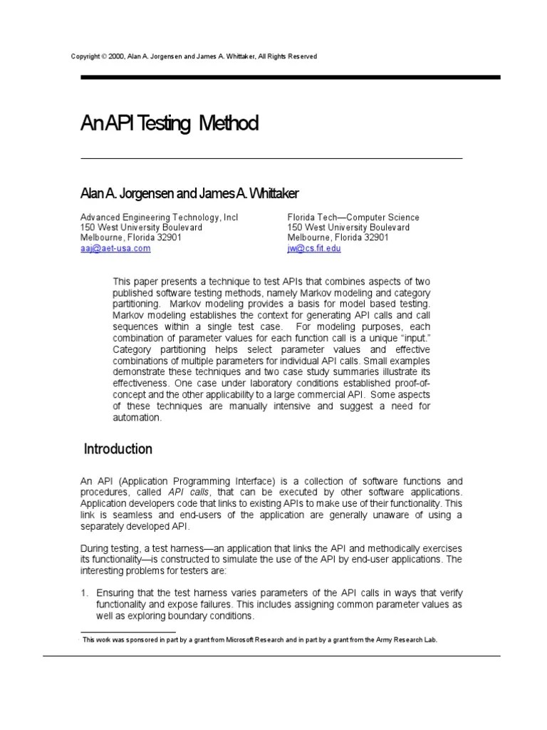 An API Testing Method: Alan A. Jorgensen And James A. Whittaker | PDF ...