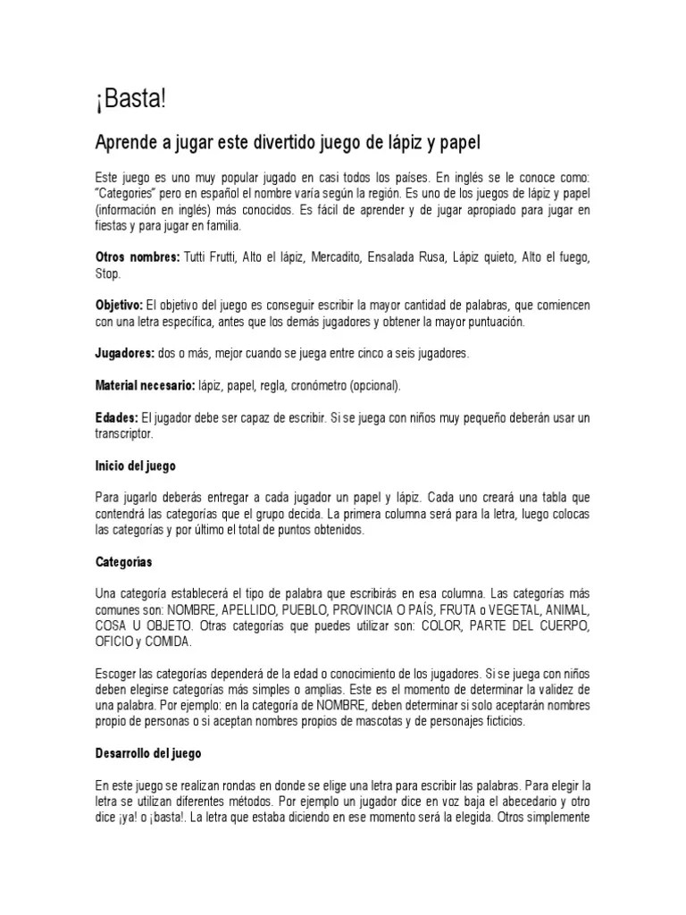 Jul 27, 2021 · basta con escribir todas las palabras que se necesite, lixta las agrupará para trabajarlas de diez en diez. Juego Basta Pdf Ocio Deportes