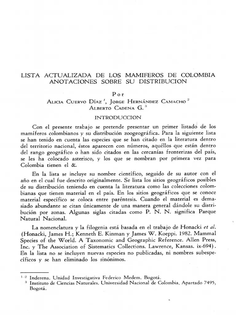 Lista De Mamíferos Colombia PDF | PDF | Naturaleza