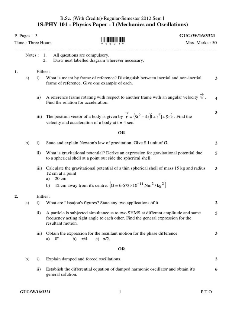1S-PHY 101 - Physics Paper - I (Mechanics And Oscillations) : B.Sc ...