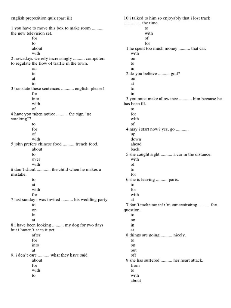 English Preposition Quiz | PDF