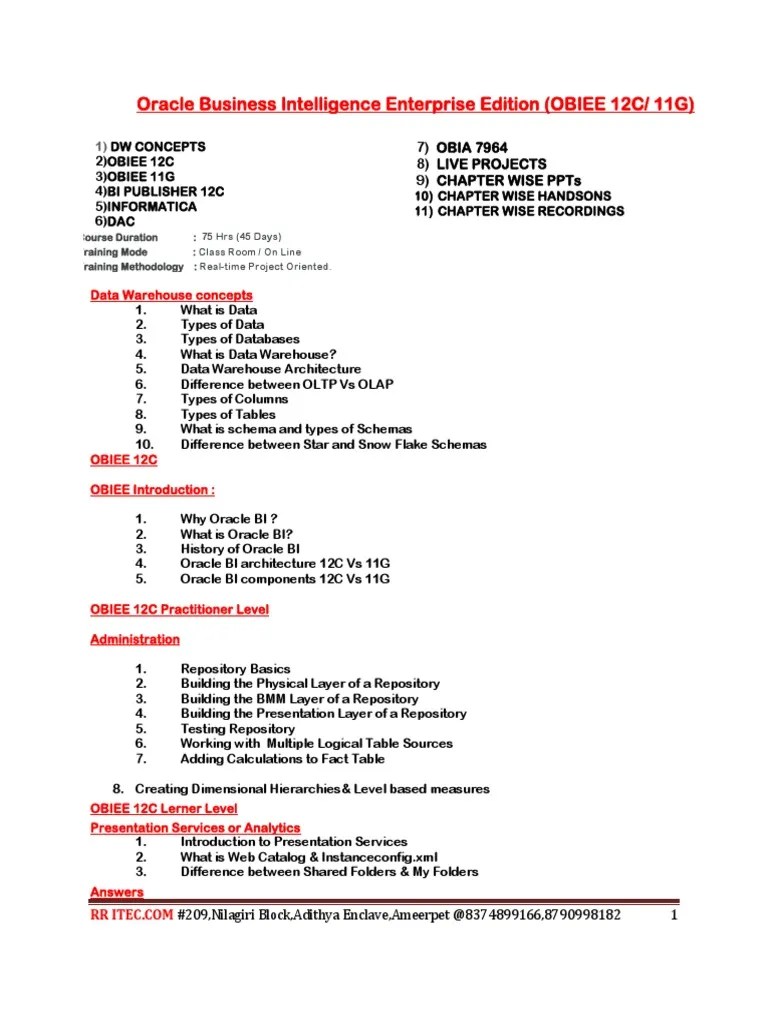 Obiee 12c Course Content | PDF | Data Warehouse | Oracle Database