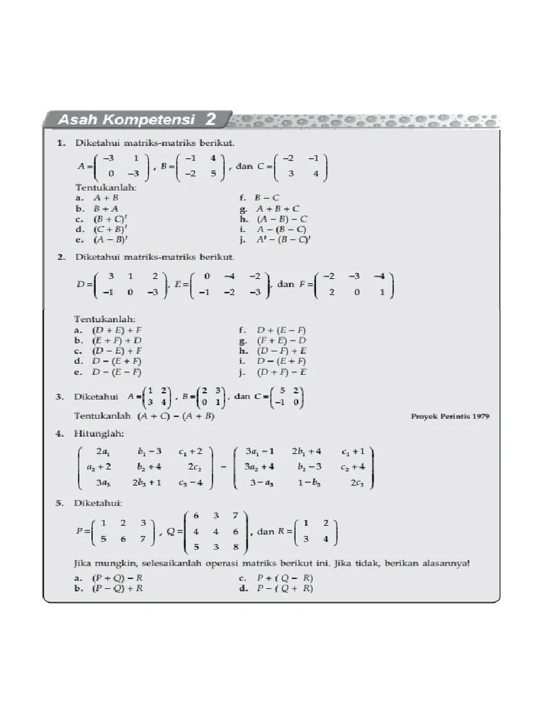 Latihan Soal Operasi Matriks Kelas 12 | PDF