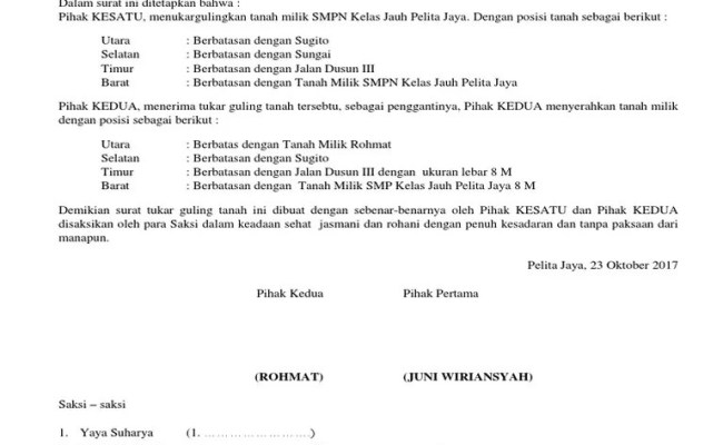 Pastikan pembeli yang akan menerima tanah hadir bersama (kesemua yang akan menerima jika lebih … Contoh Surat Perjanjian Tukar Menukar Tanah Kumpulan Otosection