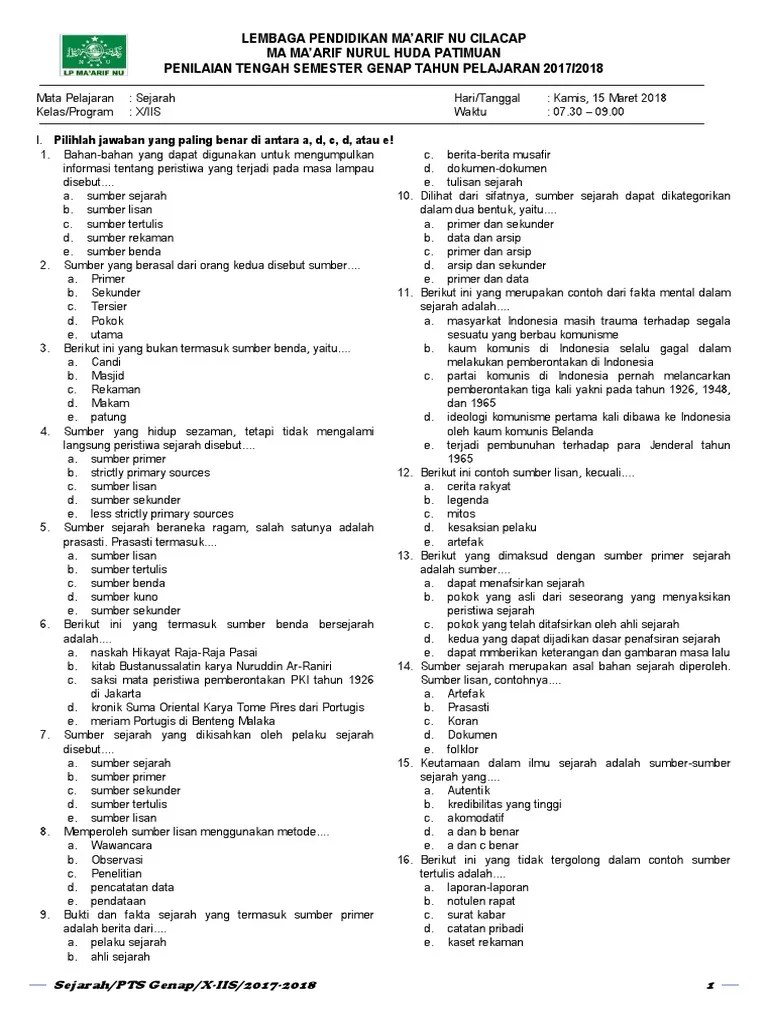 Play this game to review history. Soal Pts Genap Sejarah Peminatan Kelas X Pdf