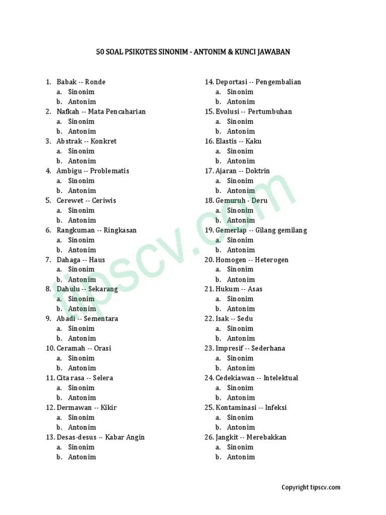 Download 50 Soal Psikotes Sinonim - Antonim Dan Kunci Jawaban