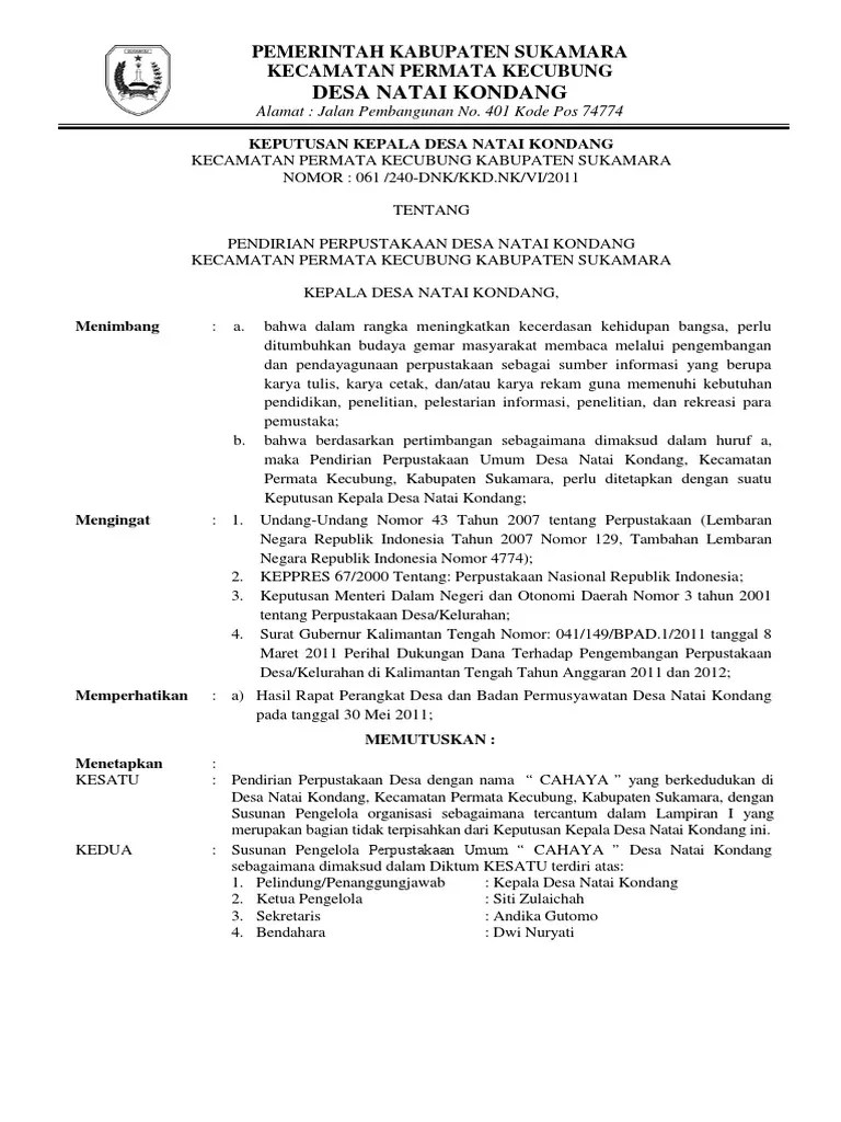 Dimiliki perpustakaan sekolah, baik sekolah dasar, sekolah lanjutan. Sk Pendirian Perpustakaan Desa Natai Kondang Pdf