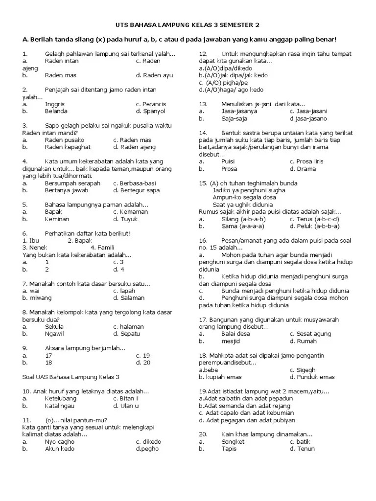 Jawa sd kelas 1 2 3 4 5 6 rpp silabus prota promes dan buku bahasa . Uts Bahasa Lampung Kelas 3 Semester 2 Pdf