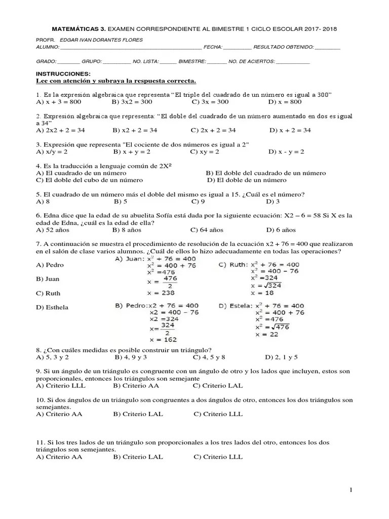 Examen Matemáticas 3 Bloque 1 | PDF | Triángulo | Enseñanza De Matemática