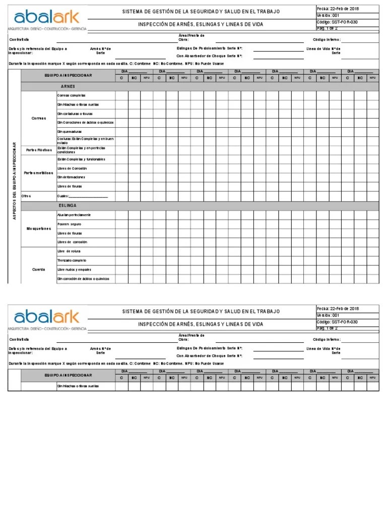 SST-For-030 - Inspección De Arnes Eslinga Y Linea De Vida V1 | PDF ...