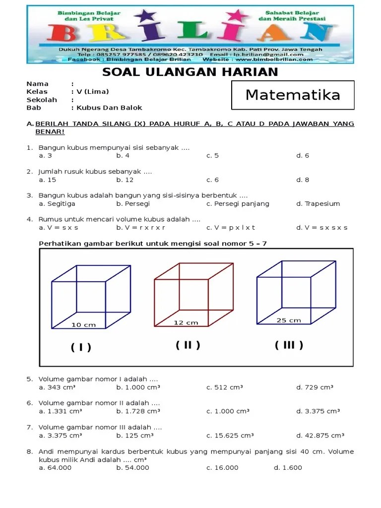 Beli koleksi buku matematika sd kelas 5 online lengkap edisi & harga terbaru. Soal Matematika Kelas 5 Sd Bab 5 Kubus Dan Balok Dan Kunci Jawaban Pdf