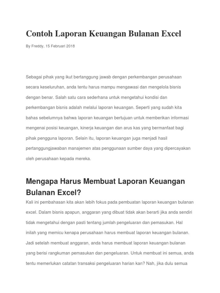 Pengertian, tujuan dan contoh laporan keuangan yang harus anda pahami untuk mendapatkan informasi keuangan pada bisnis dengan baik. Contoh Laporan Keuangan Bulanan Excel Pdf