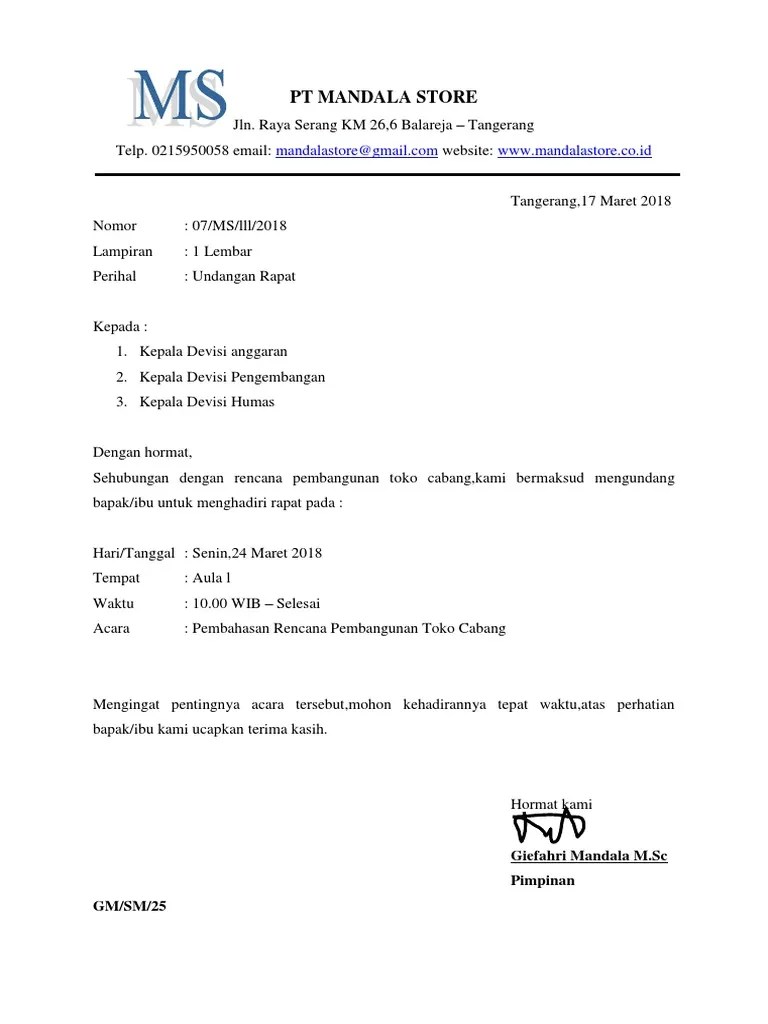 Contoh Surat Undangan Rapat Perusahaan Semi Block Style Nusagates 