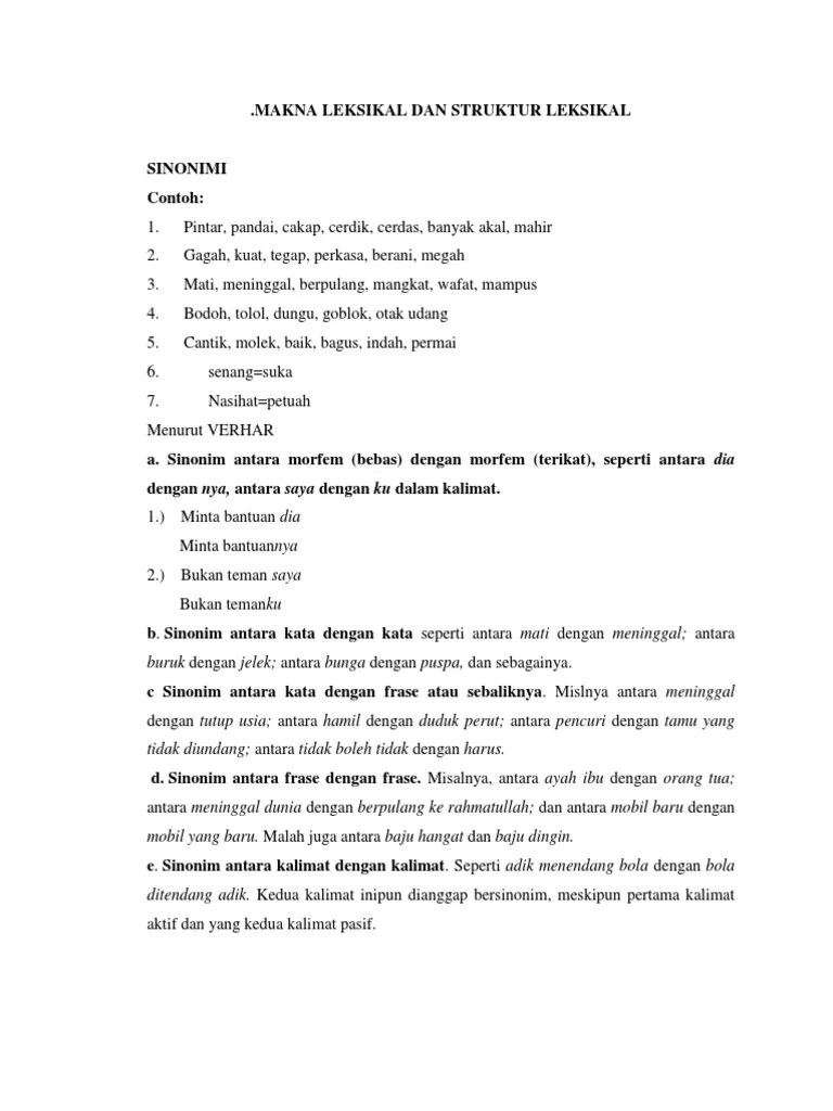Struktur Leksikal Yang Berkaitan Dengan Relasi Antara Makna Dan Makna Dapat  Dibedakan Atas