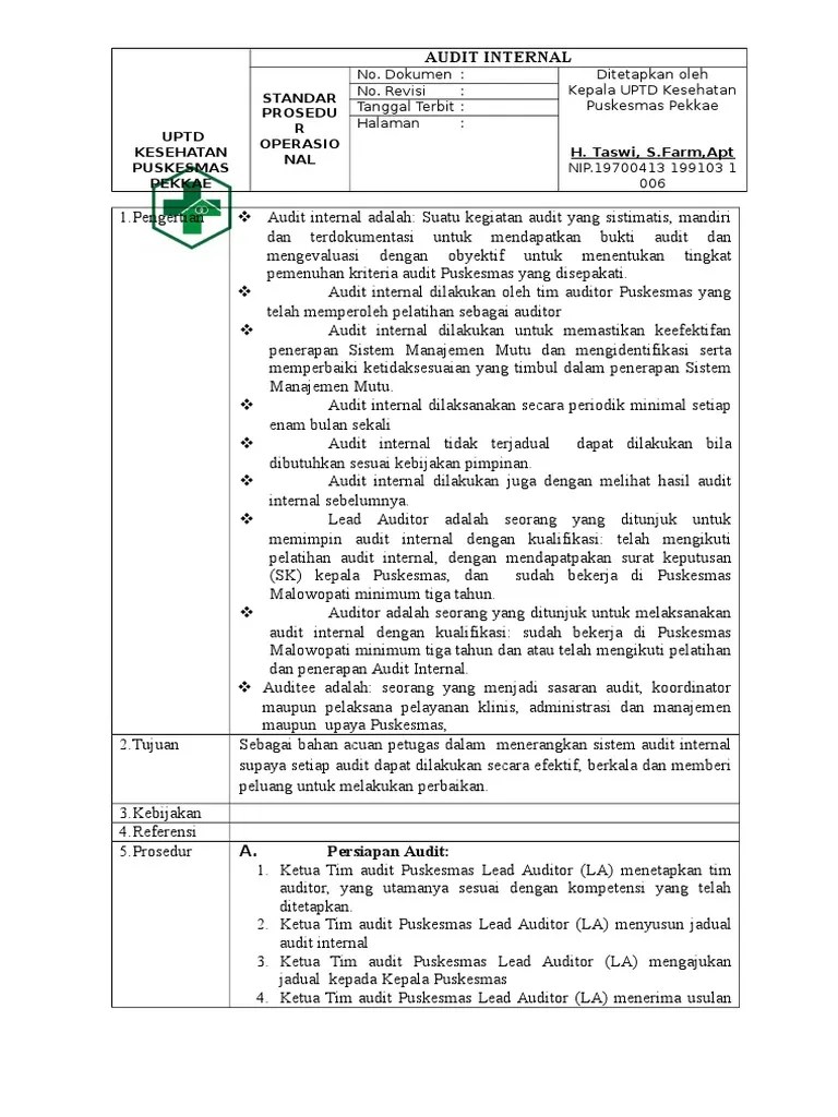 Sk kepala puskesmas dan sop tentang cara mendapatkan umpan balik, pembahasan dan tindak lanjut terhadap umpan balik masyarakat ttg mutu dan kepuasan. Sop Audit Internal Pdf Pdf