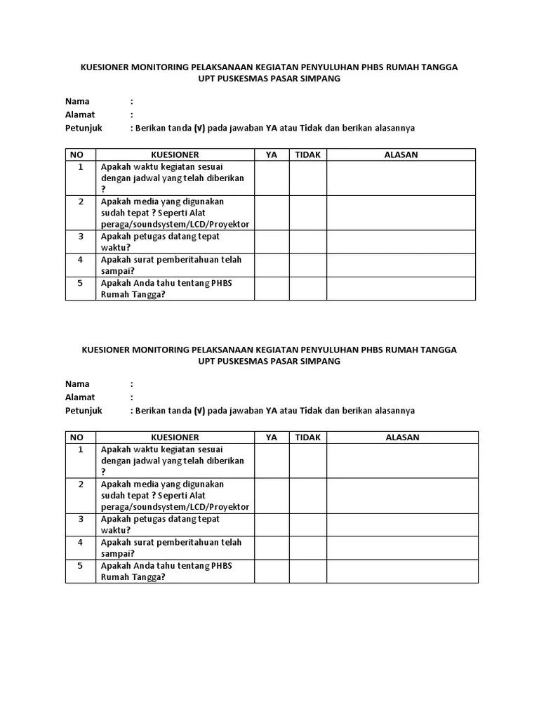 Kuesioner Monitoring Pelaksanaan Kegiatan Penyuluhan Phbs Rumah Tangga | PDF