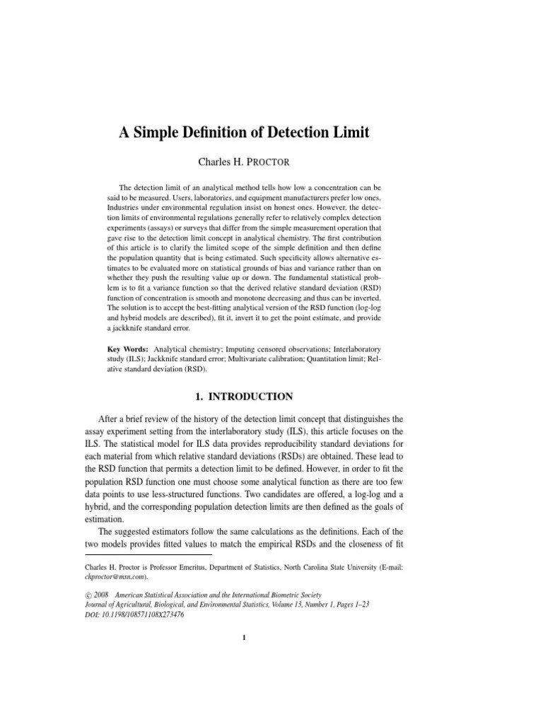 A Simple Definition Of Detection Limit: Charles H. P | PDF | Detection Limit | Statistical ...