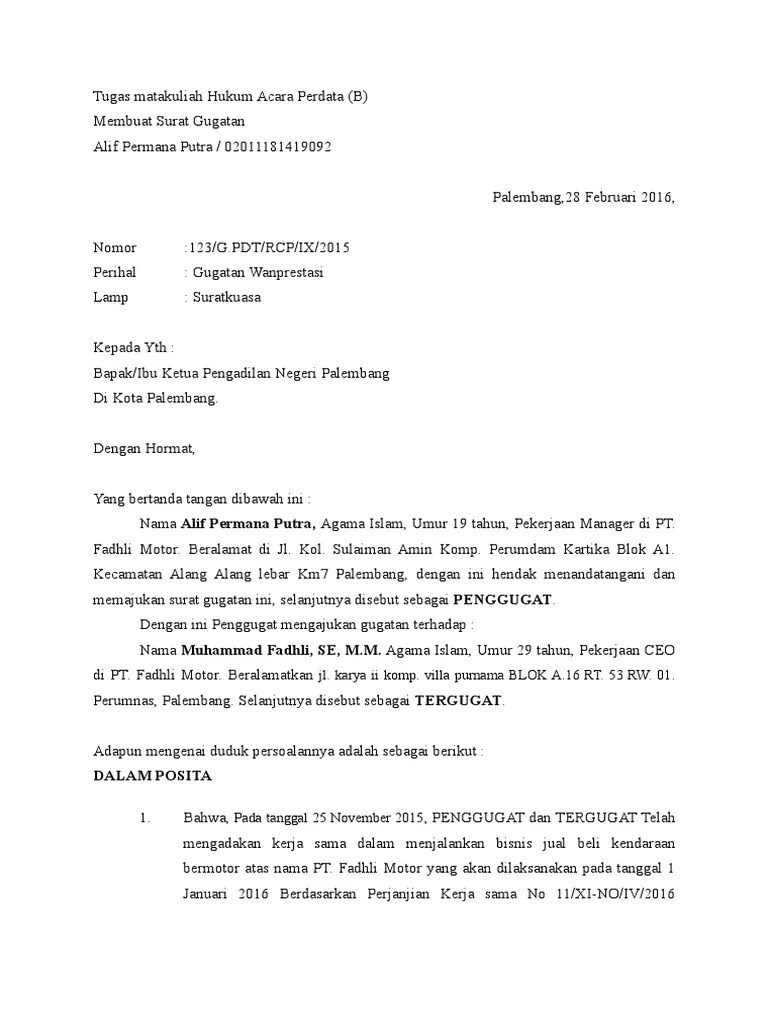 Fahrul rozi juni 30, 2021. Contoh Surat Gugatan Ganti Rugi Perdata - Download ...