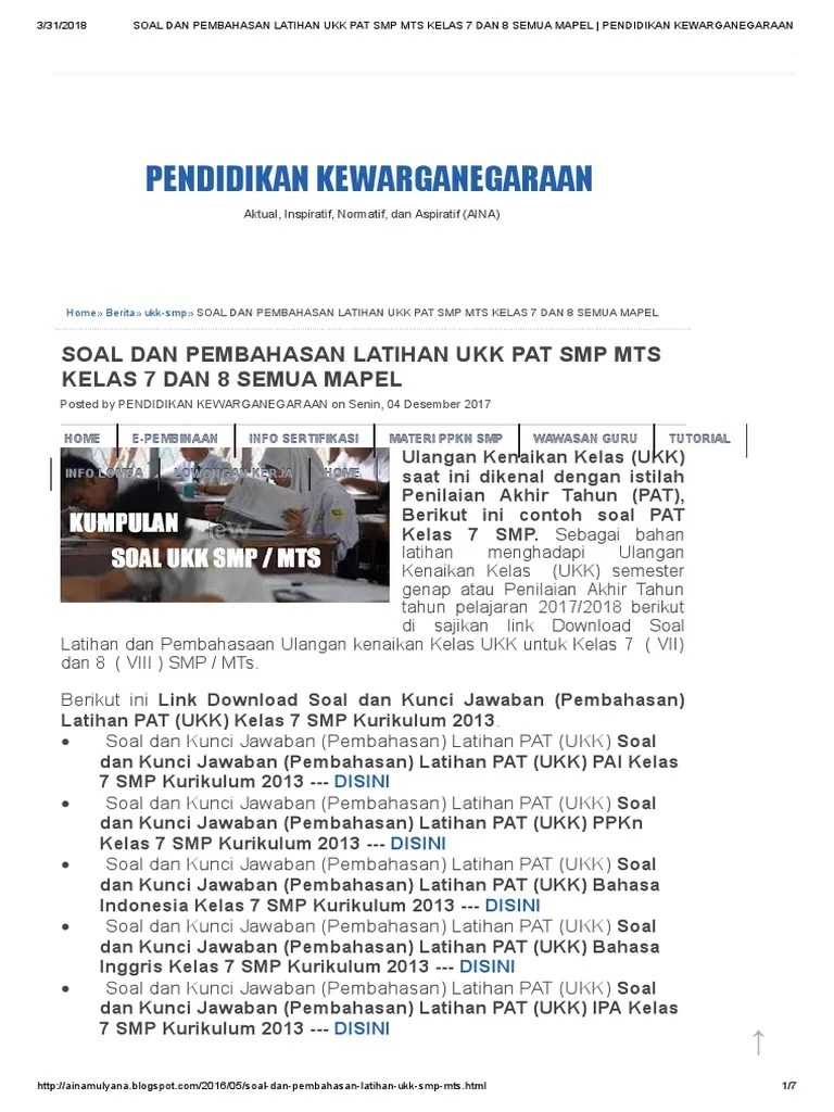 Kumpulan soal ukk smp kelas 8 Soal Ukk Pat Kls 7 8 Kurikulum 2013 Pdf