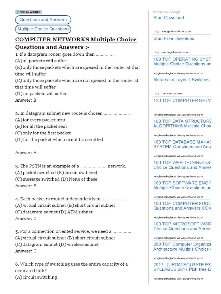 Networking Questions Multiple Choice | PDF | Routing | Network Congestion