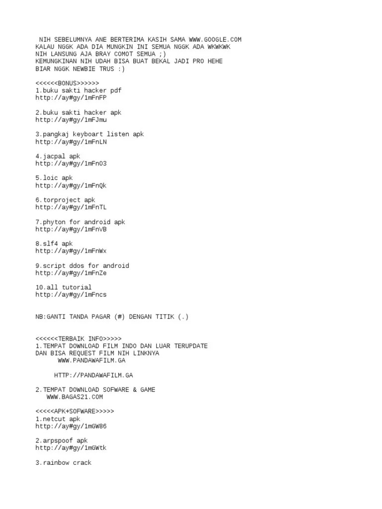 Unduh sebagai pdf, txt atau baca online dari scribd. Kumpulan Link Aplikasi Sofware Buku Buku Hacking Terlengkap Pdf