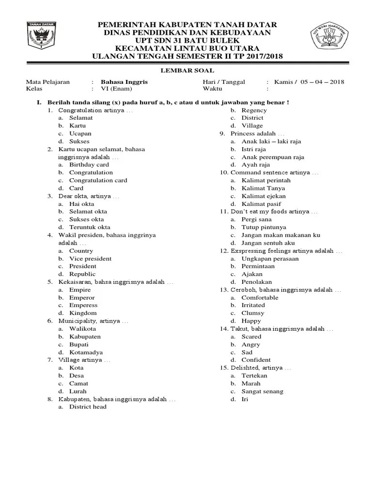 Soal Bhs Inggris Kelas VI | PDF