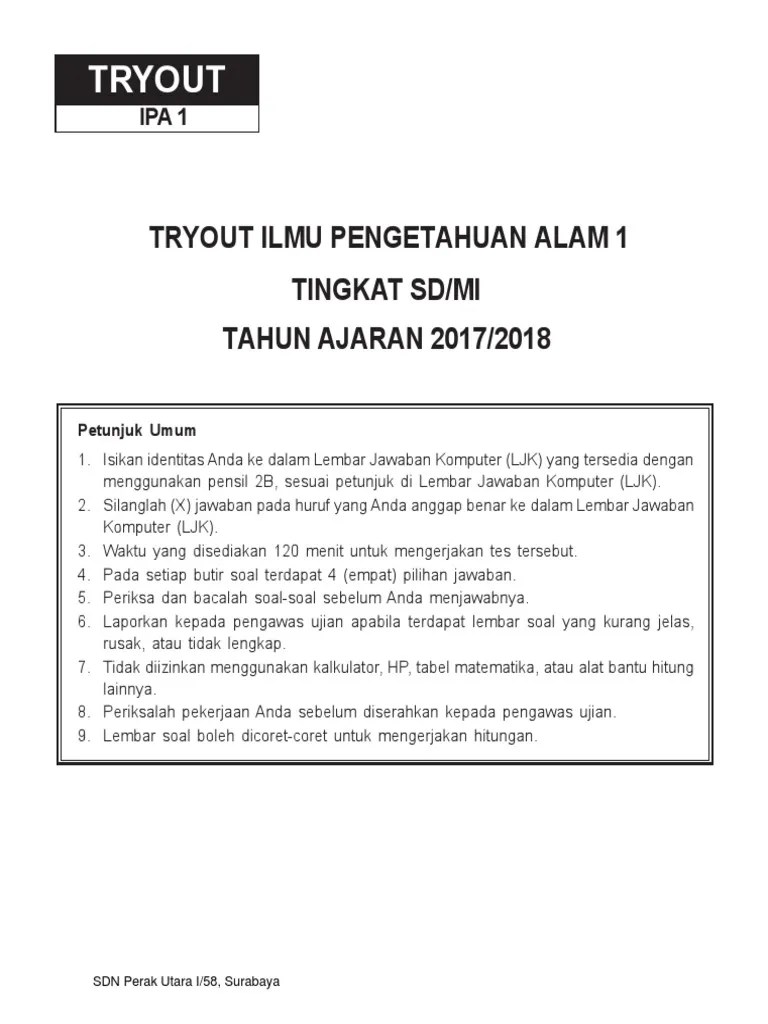 Pembahasan try out akbar us sd tahun ajaran kode 606 b. Tryout 1 Ipa 2017 2018 Ok Pdf