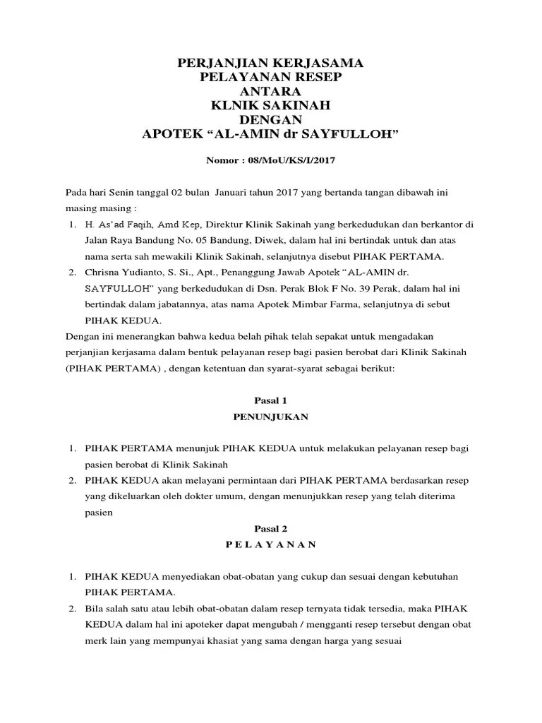 Draft Perjanjian Kerjasama Klinik Dengan Apotik | PDF