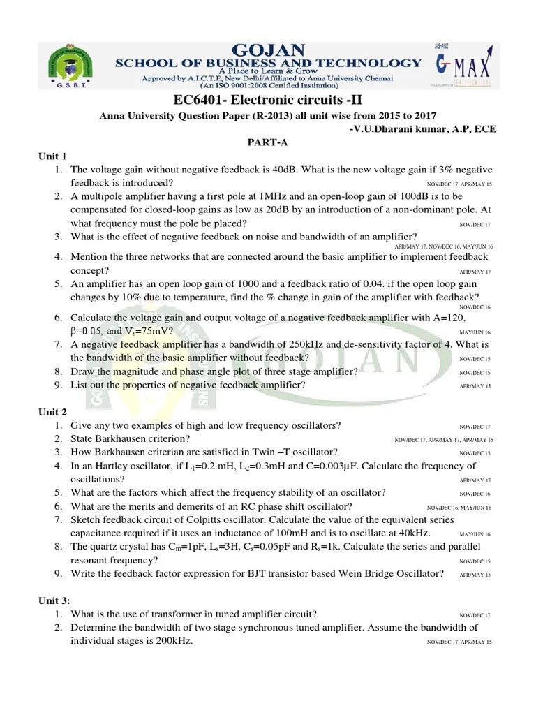 EC6401 Electronic Circuits II Anna University Question Papers ...