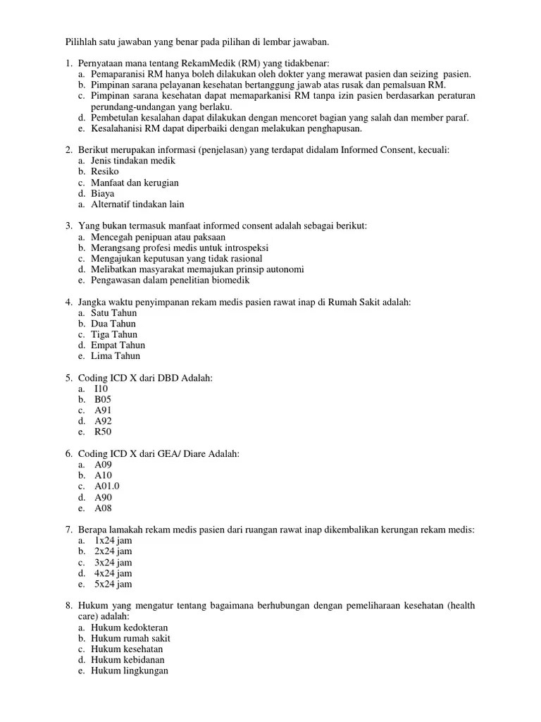 102+ contoh soal rekam medis dan jawabannya terupdate.contoh soal latihan ukom rekam medis dan informasi kesehatan (rmik). Soal Tes Rekam Medis Jawabanku Id