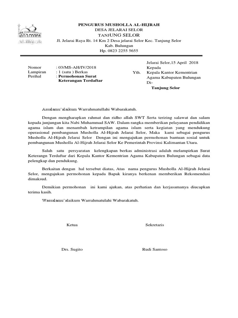 Format gambar contoh surat izin dari yayasan yang benar 2019. Permohonan Keterangan Terdaftar Kemenag Pdf