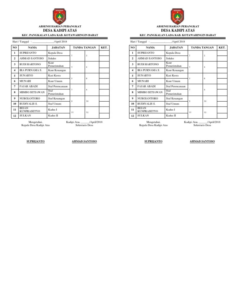 Format terbaru surat perintah kerja (spk) pekerja kelancaran pelaksanaan pembangunan desa melalui program dana desa,. Format Absensi Perangkat Desa Masnurul