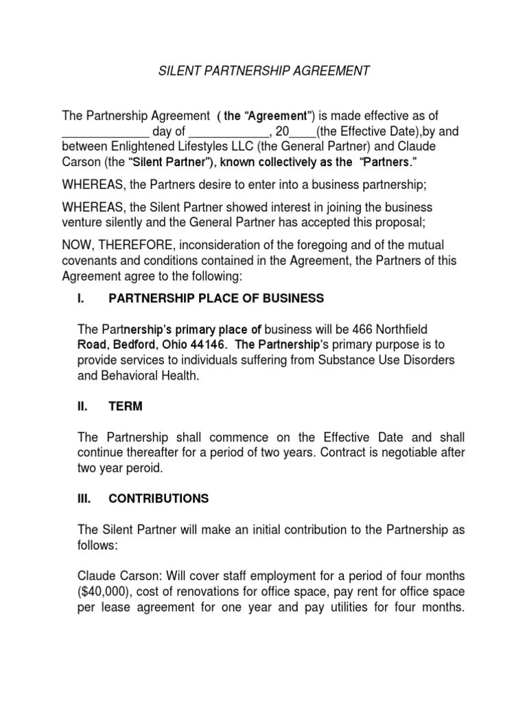 Silent Partnership Agreement Docx Partnership General Partnership