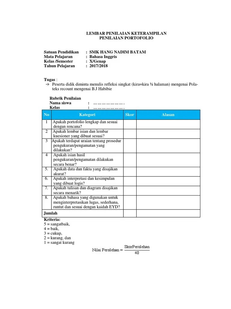 Lingkup portofolio hasil belajar siswa yang dapat tercakup dalam portofolio sangat luas, meliputi antara lain: Lampiran Portofolio Kd 3 7 X Pdf