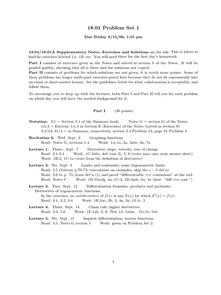 MIT OpenCourseware 18.01 Calculus Problem Set 1 | PDF | Tutor | Derivative