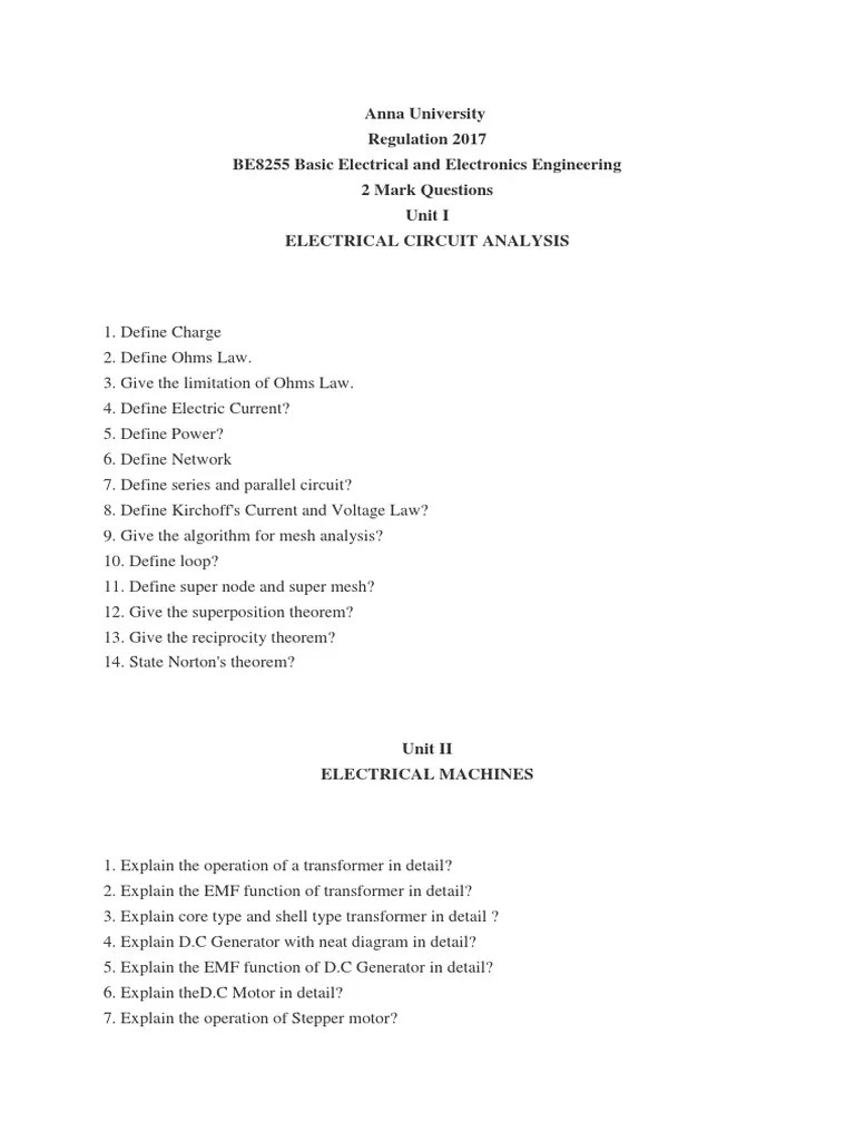 Anna University Regulation 2017 BE8255 Basic Electrical And Electronics Engineering 2 Mark ...