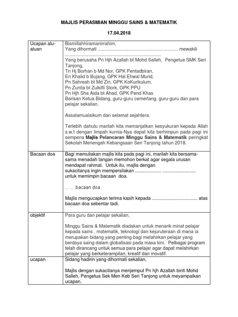 Contoh teks pengacara majlis / ucapan emcee majlis persaraan cikgu. Teks Pengacara MAJLIS PERASMIAN Minggu Sains