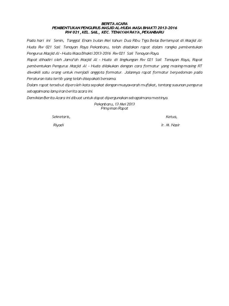 Berdasarkan hasil rapat/ musyawarah pemilihan ketua dewan kemakmuran masjid (dkm) jami nur iman telah terpilih bapak/ saudara. Berita Acara Mushola Pdf