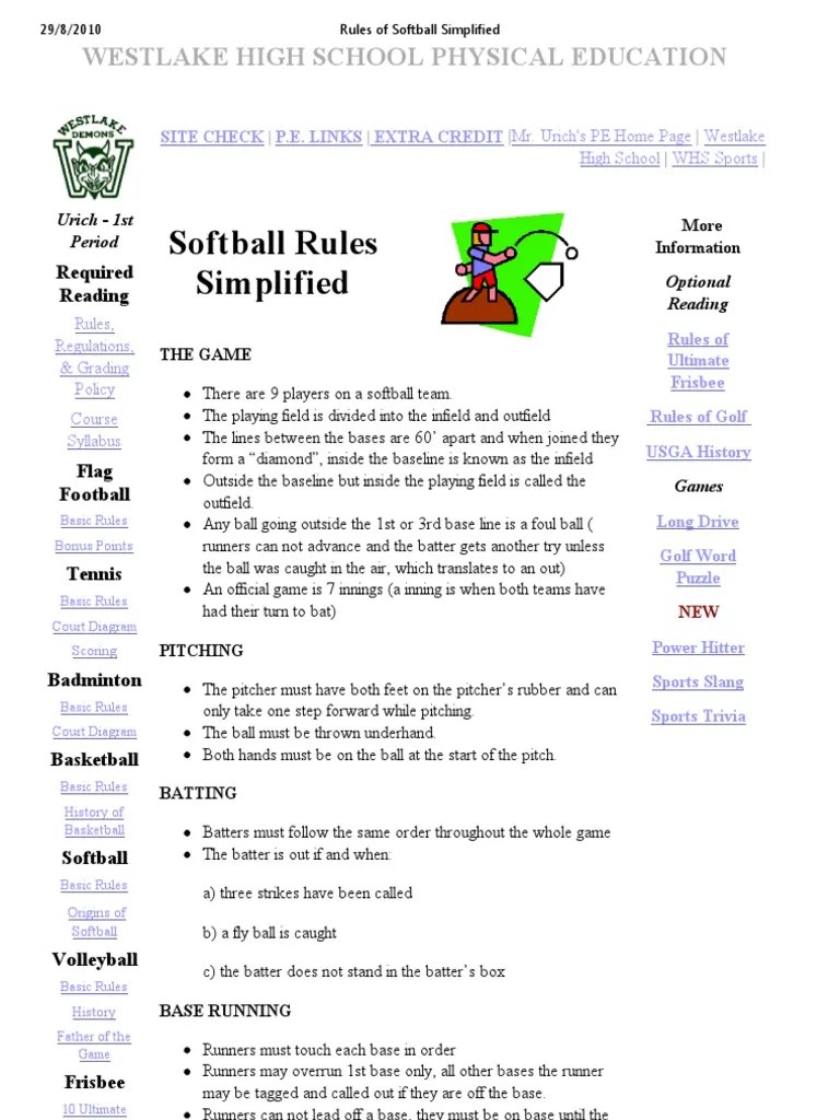 Rules Of Softball Simplified | PDF | Softball | Baseball Field
