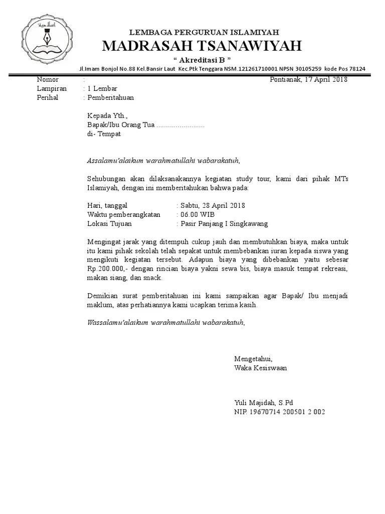 Jika surat pemberitahuan masuk pada yayasan maka kegiatan bisa dilaksanakan. Format Surat Edaran Sekolah Tentang Study Tour