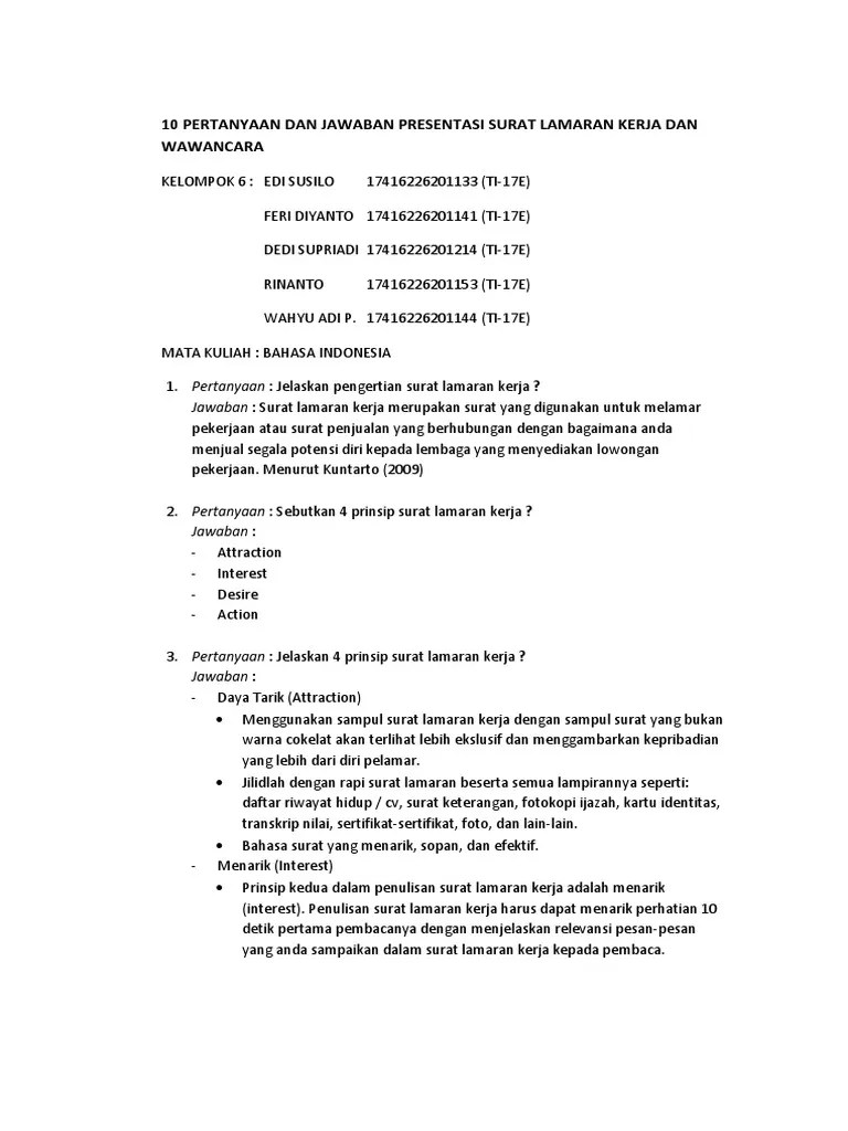 Berikut ini kunci jawaban serta soal uts dan pts kelas 12 sma semester genap materi bahasa indonesia. 10 Pertanyaan Dan Jawaban Presentasi Surat Lamaran Kerja Dan Wawancara Pdf