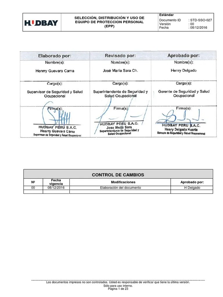 STD-SSO-027 - Selección Distribución Y Uso EPP | PDF | Guante | Máscara