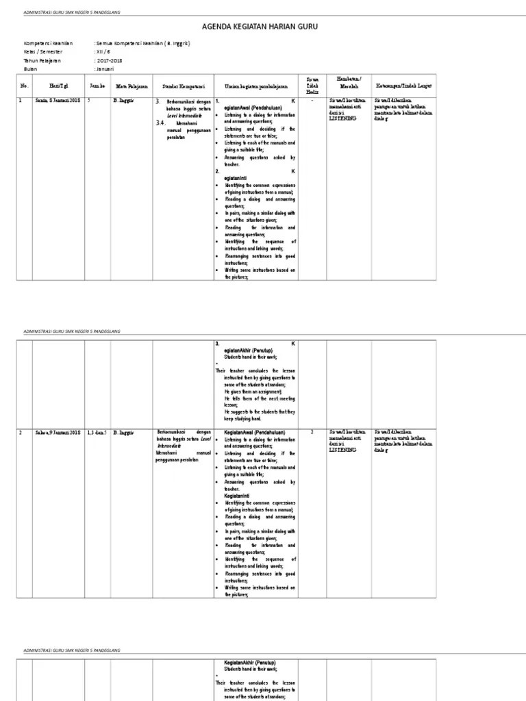 Buku agenda harian merupakan buku yang berisikan rekaman kegiatan pembelajaran. Agenda Harian Guru Inggris Sms 2 Xii 2018 Bahasa Indonesia Komunikasi Manusia