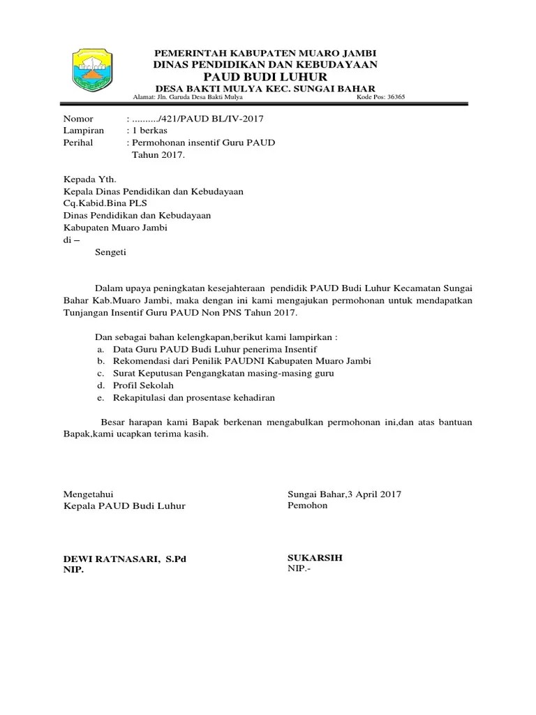 Contoh surat pengajuan insentif sales, contoh surat pengantar insentif, contoh surat. Permohonan Insentif Paud 2017 Pdf