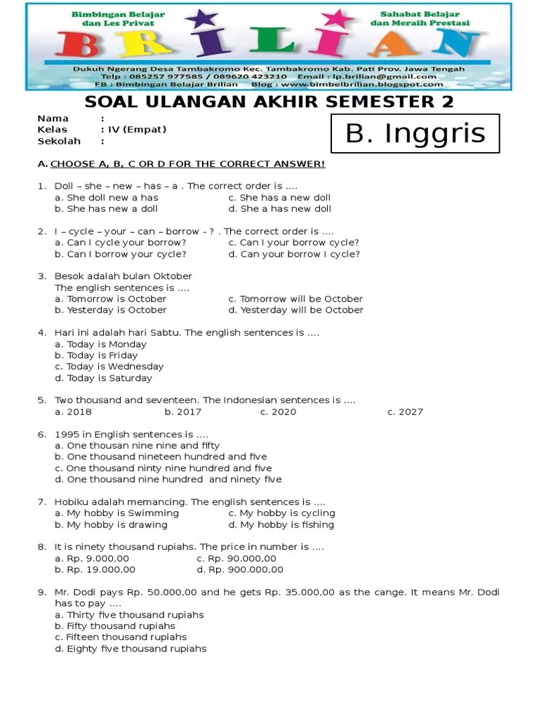 Soal Pas B Inggris Kelas 4 Semester 1 Dan Jawaban Cute766