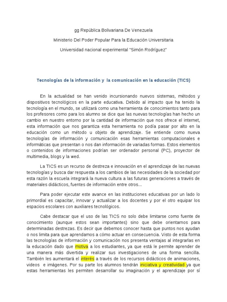 Tecnologías De Informacion Y Comunicacion En La Educacion (TICS) PDF | PDF | Tecnología De ...
