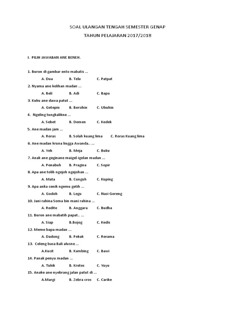 Materi pembelajaran bahasa bali = materi 1. Soal Ulangan Tengah Semester Genap Bahasa Bali Pdf