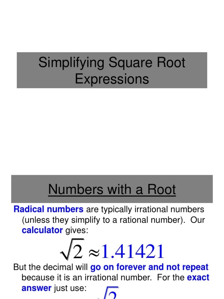 Simplifying Square Roots | PDF | Fraction (Mathematics) | Mathematical Notation